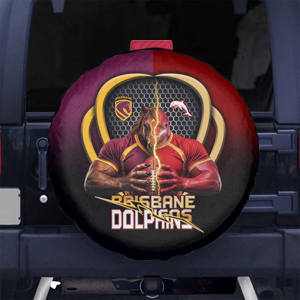 Brisbane Broncos vs Dolphins Fusion Spare Tire Cover Hybrid Mascot Lightning Graphic With Hexagon Honeycomb