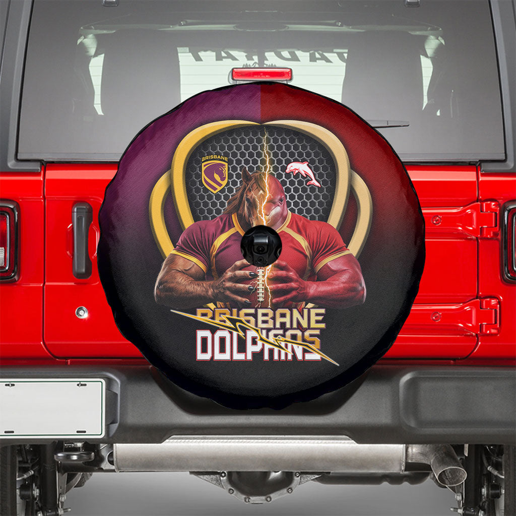 Brisbane Broncos vs Dolphins Fusion Spare Tire Cover Hybrid Mascot Lightning Graphic With Hexagon Honeycomb