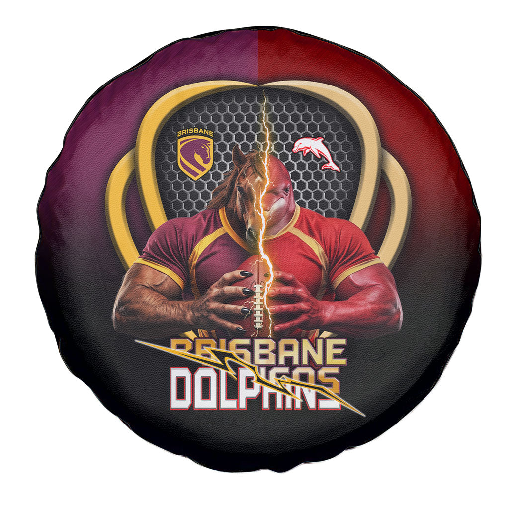 Brisbane Broncos vs Dolphins Fusion Spare Tire Cover Hybrid Mascot Lightning Graphic With Hexagon Honeycomb