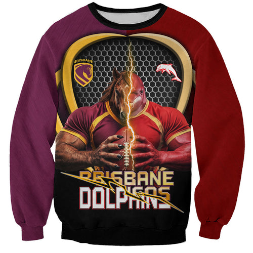 Personalized Brisbane Broncos vs Dolphins Fusion Sweatshirt Hybrid Mascot Lightning Graphic With Hexagon Honeycomb