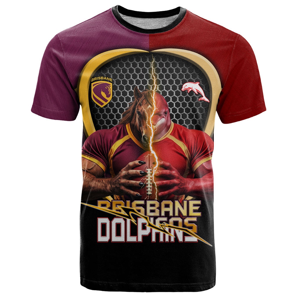 Personalized Brisbane Broncos vs Dolphins Fusion T Shirt Hybrid Mascot Lightning Graphic With Hexagon Honeycomb