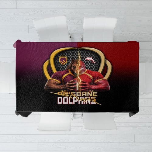 Brisbane Broncos vs Dolphins Fusion Tablecloth Hybrid Mascot Lightning Graphic With Hexagon Honeycomb