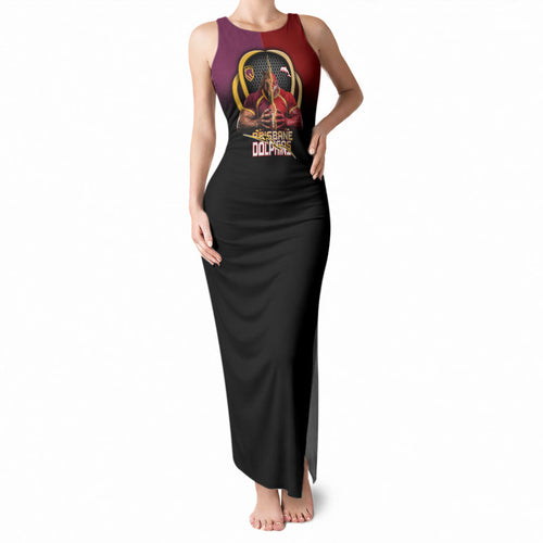 Personalized Brisbane Broncos vs Dolphins Fusion Tank Maxi Dress Hybrid Mascot Lightning Graphic With Hexagon Honeycomb