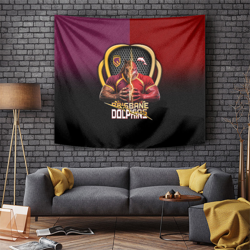 Brisbane Broncos vs Dolphins Fusion Tapestry Hybrid Mascot Lightning Graphic With Hexagon Honeycomb