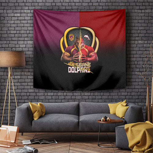 Brisbane Broncos vs Dolphins Fusion Tapestry Hybrid Mascot Lightning Graphic With Hexagon Honeycomb