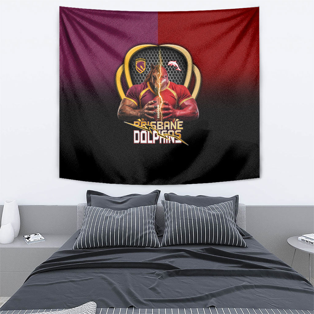 Brisbane Broncos vs Dolphins Fusion Tapestry Hybrid Mascot Lightning Graphic With Hexagon Honeycomb