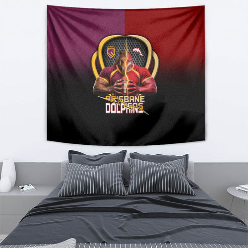 Brisbane Broncos vs Dolphins Fusion Tapestry Hybrid Mascot Lightning Graphic With Hexagon Honeycomb