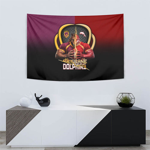Brisbane Broncos vs Dolphins Fusion Tapestry Hybrid Mascot Lightning Graphic With Hexagon Honeycomb