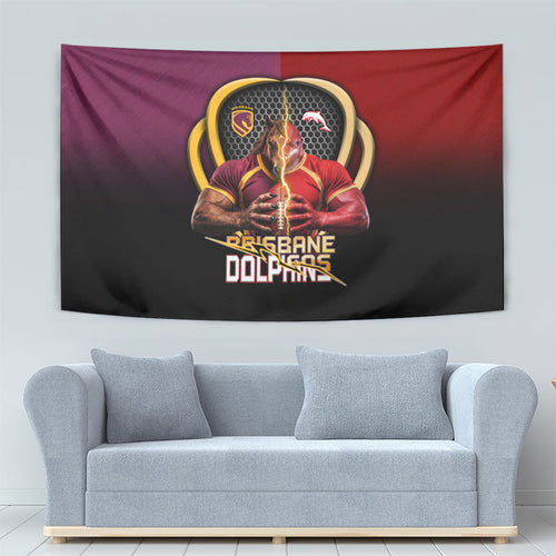 Brisbane Broncos vs Dolphins Fusion Tapestry Hybrid Mascot Lightning Graphic With Hexagon Honeycomb