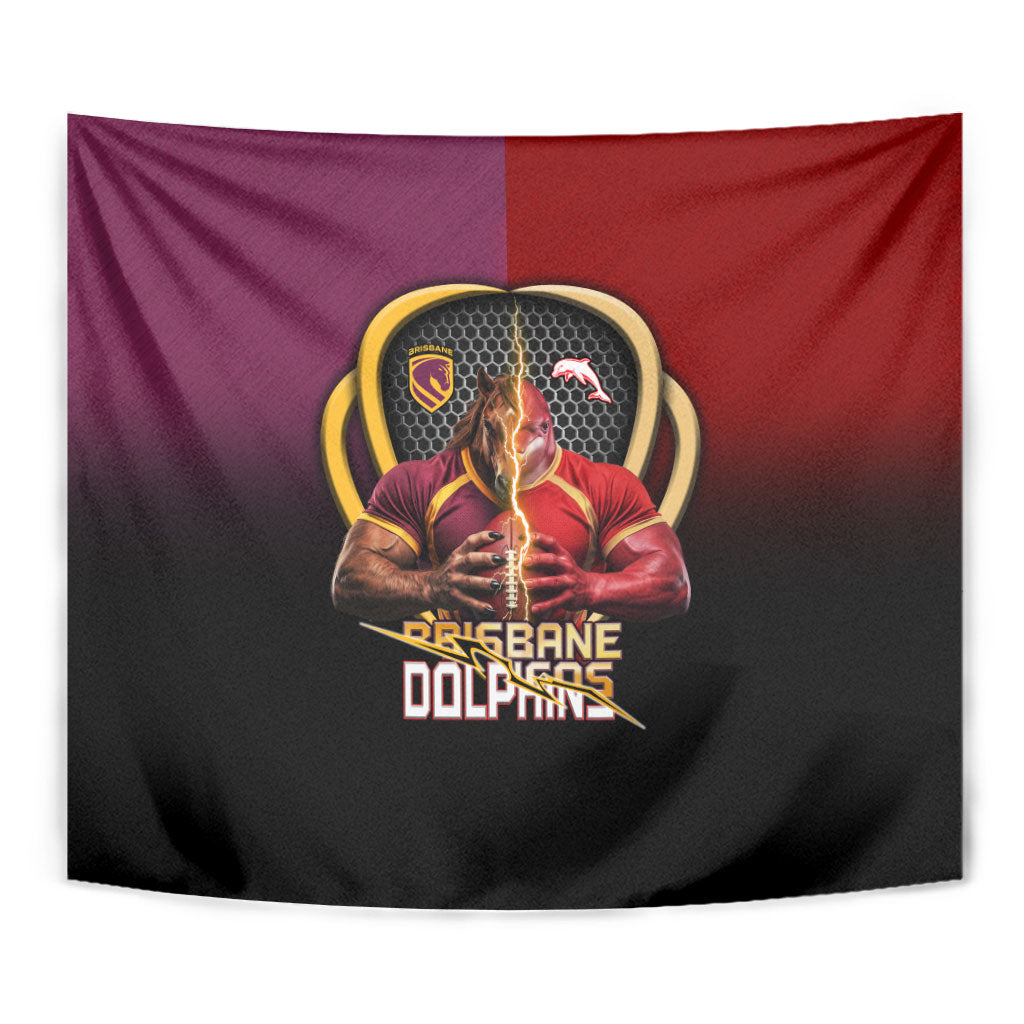 Brisbane Broncos vs Dolphins Fusion Tapestry Hybrid Mascot Lightning Graphic With Hexagon Honeycomb