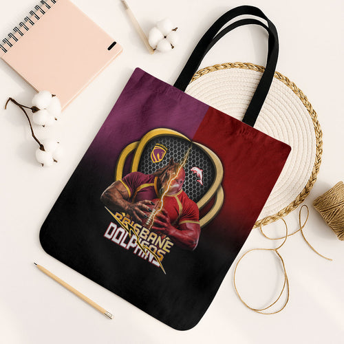Brisbane Broncos vs Dolphins Fusion Tote Bag Hybrid Mascot Lightning Graphic With Hexagon Honeycomb