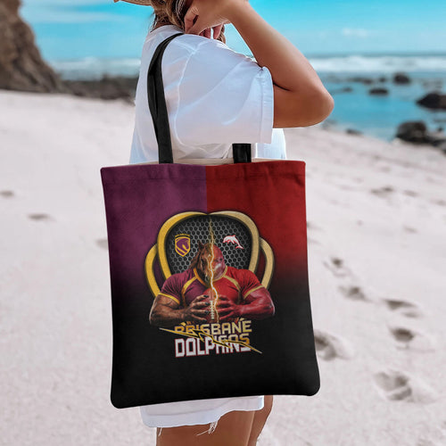 Brisbane Broncos vs Dolphins Fusion Tote Bag Hybrid Mascot Lightning Graphic With Hexagon Honeycomb