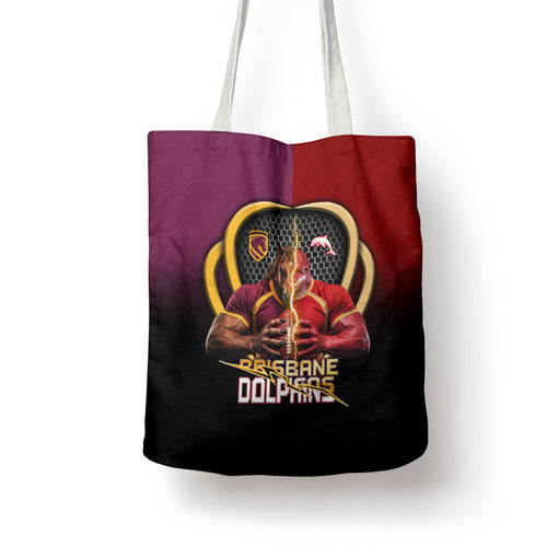 Brisbane Broncos vs Dolphins Fusion Tote Bag Hybrid Mascot Lightning Graphic With Hexagon Honeycomb