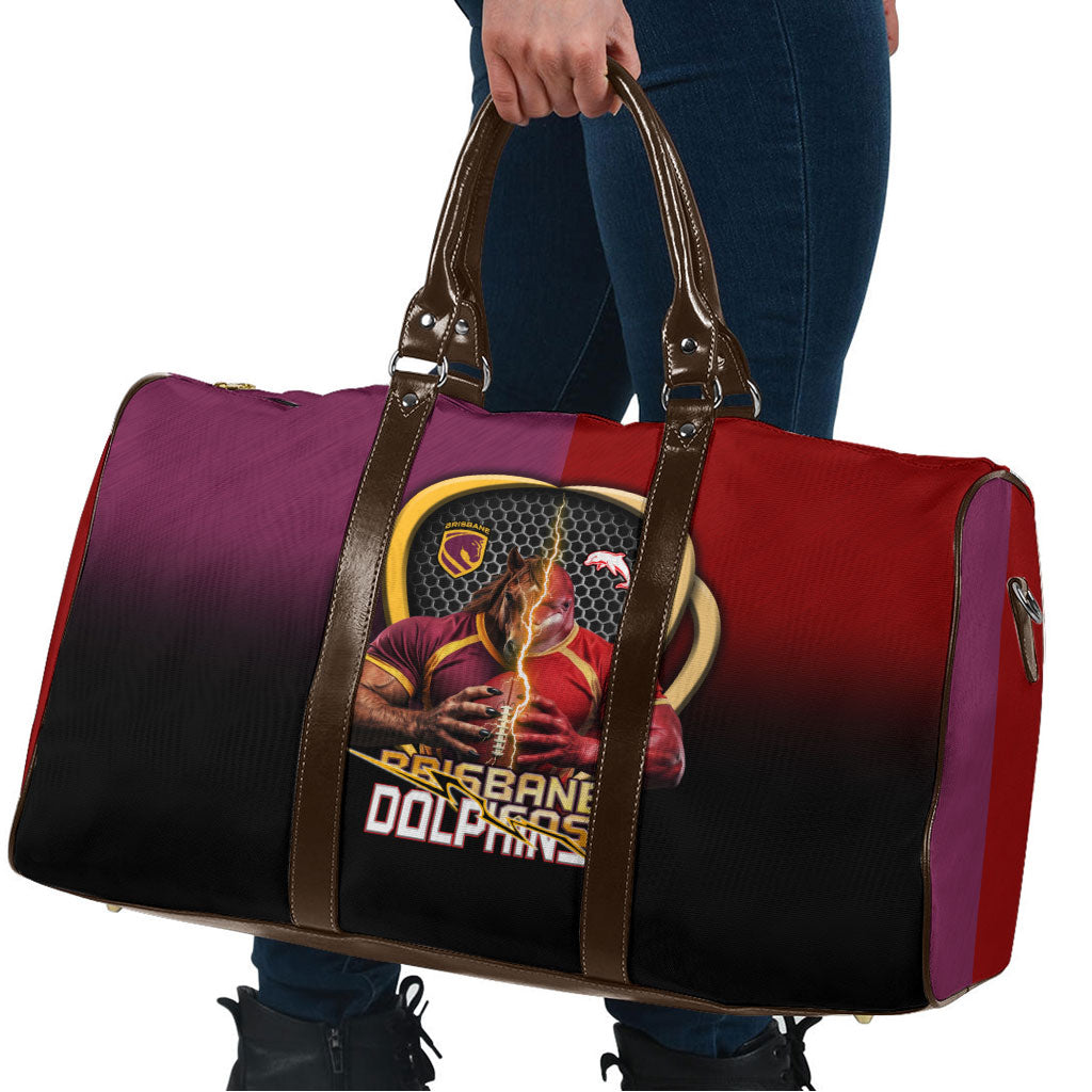 Brisbane Broncos vs Dolphins Fusion Travel Bag Hybrid Mascot Lightning Graphic With Hexagon Honeycomb