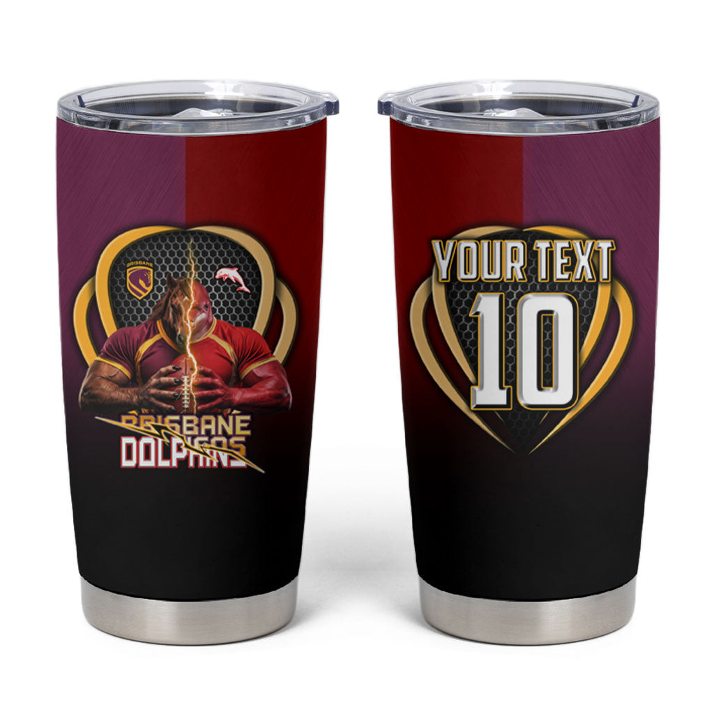 Personalized Brisbane Broncos vs Dolphins Fusion Tumbler Cup Hybrid Mascot Lightning Graphic With Hexagon Honeycomb