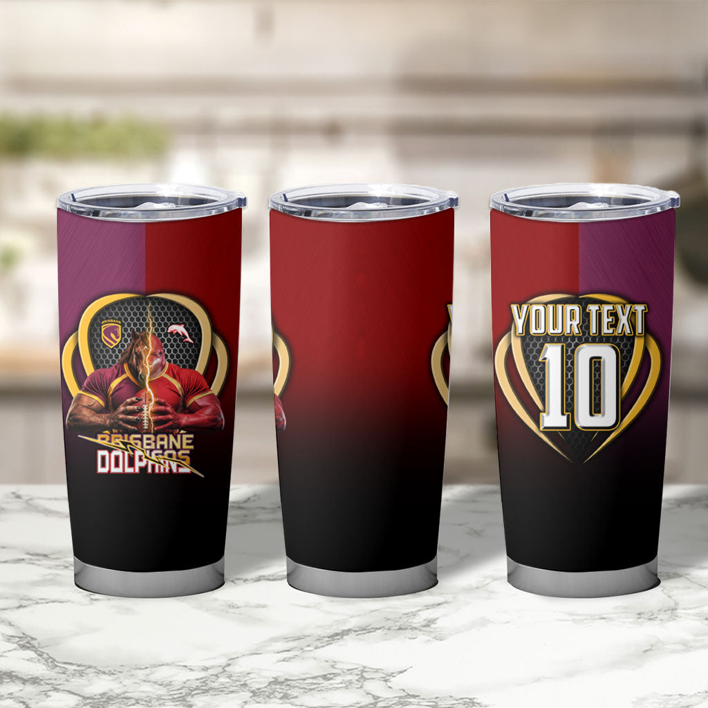 Personalized Brisbane Broncos vs Dolphins Fusion Tumbler Cup Hybrid Mascot Lightning Graphic With Hexagon Honeycomb