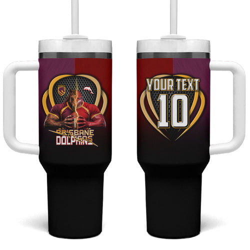 Personalized Brisbane Broncos vs Dolphins Fusion Tumbler With Handle Hybrid Mascot Lightning Graphic With Hexagon Honeycomb