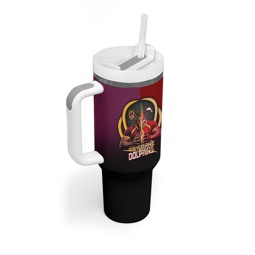 Personalized Brisbane Broncos vs Dolphins Fusion Tumbler With Handle Hybrid Mascot Lightning Graphic With Hexagon Honeycomb