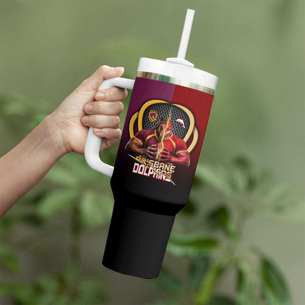 Personalized Brisbane Broncos vs Dolphins Fusion Tumbler With Handle Hybrid Mascot Lightning Graphic With Hexagon Honeycomb
