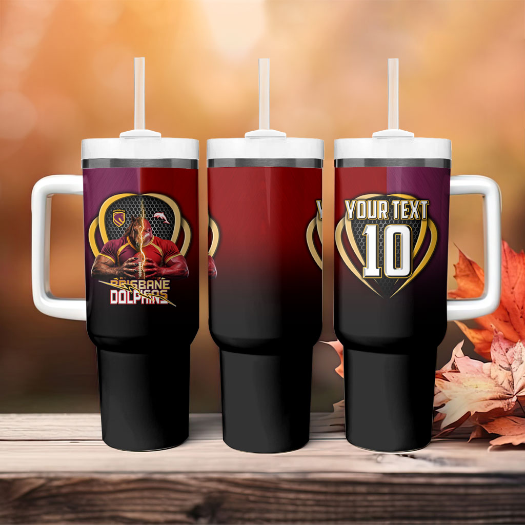 Personalized Brisbane Broncos vs Dolphins Fusion Tumbler With Handle Hybrid Mascot Lightning Graphic With Hexagon Honeycomb