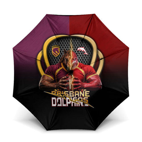 Brisbane Broncos vs Dolphins Fusion Umbrella Hybrid Mascot Lightning Graphic With Hexagon Honeycomb