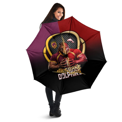 Brisbane Broncos vs Dolphins Fusion Umbrella Hybrid Mascot Lightning Graphic With Hexagon Honeycomb