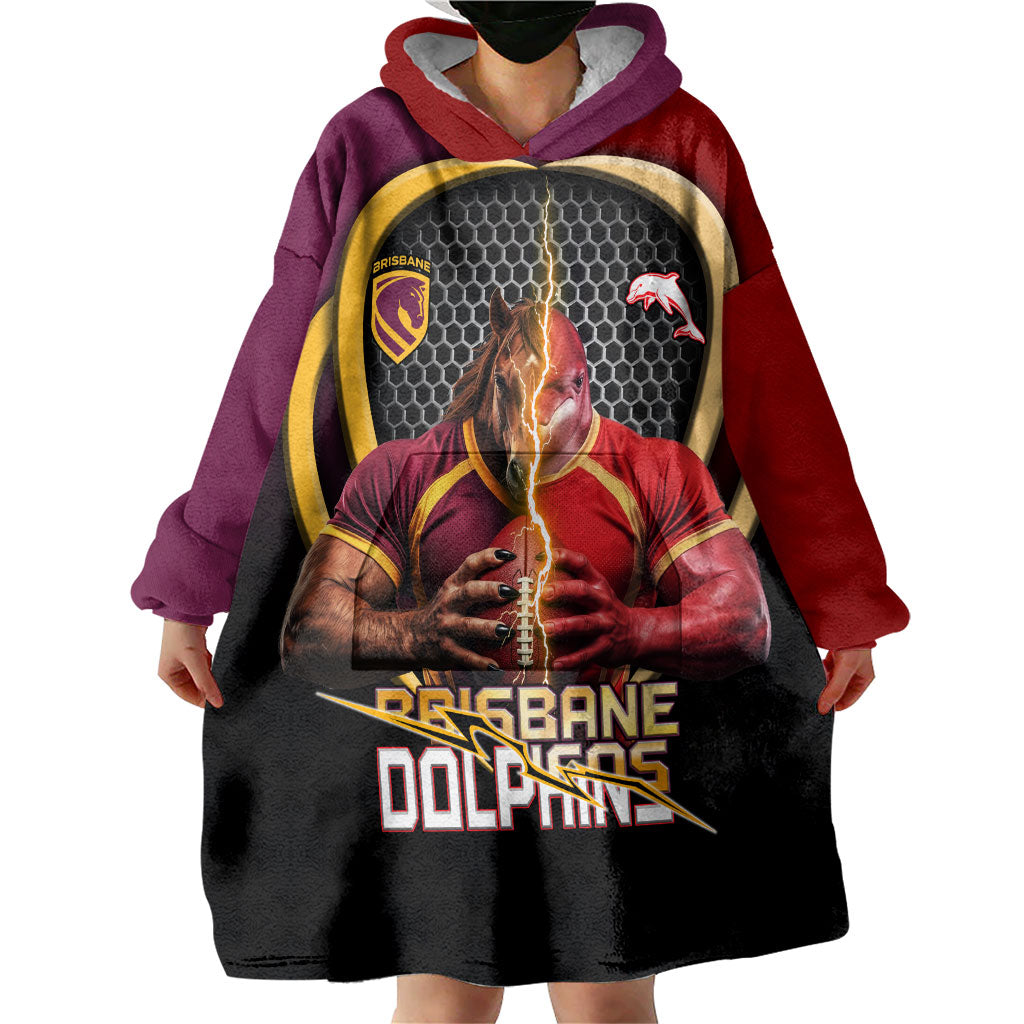 Personalized Brisbane Broncos vs Dolphins Fusion Wearable Blanket Hoodie Hybrid Mascot Lightning Graphic With Hexagon Honeycomb