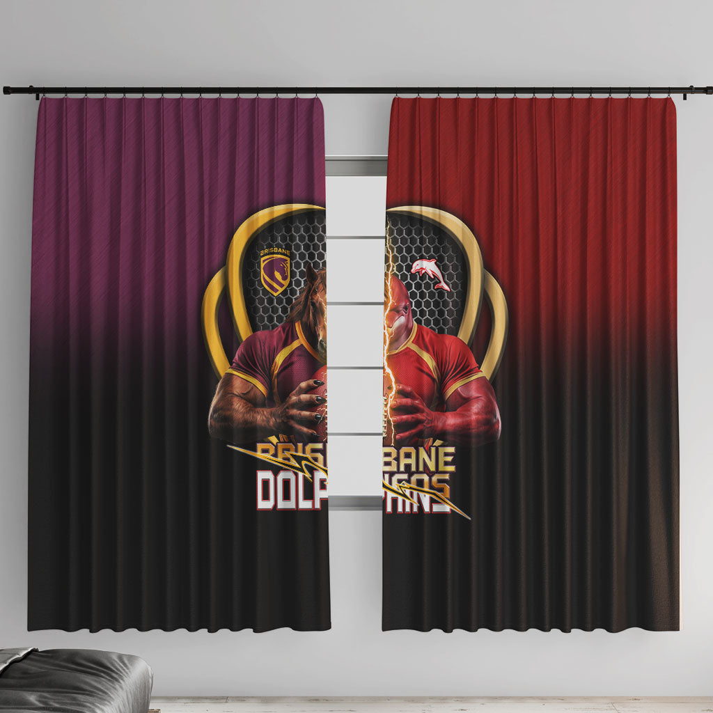 Brisbane Broncos vs Dolphins Fusion Window Curtain Hybrid Mascot Lightning Graphic With Hexagon Honeycomb