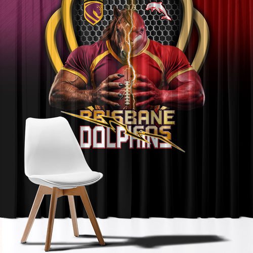 Brisbane Broncos vs Dolphins Fusion Window Curtain Hybrid Mascot Lightning Graphic With Hexagon Honeycomb
