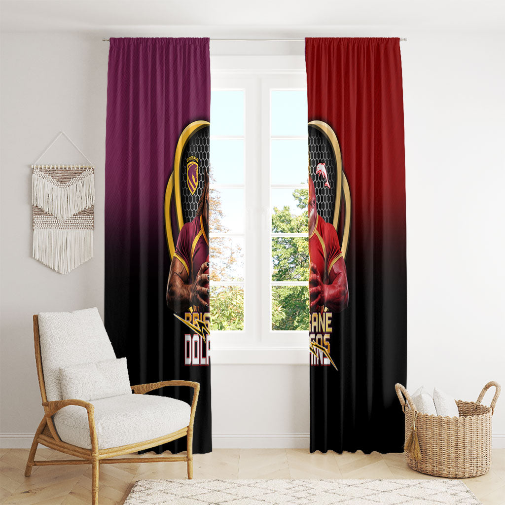 Brisbane Broncos vs Dolphins Fusion Window Curtain Hybrid Mascot Lightning Graphic With Hexagon Honeycomb
