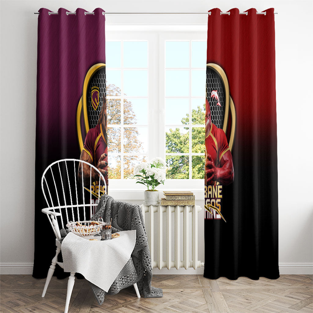 Brisbane Broncos vs Dolphins Fusion Window Curtain Hybrid Mascot Lightning Graphic With Hexagon Honeycomb