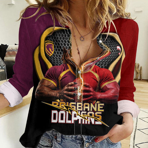 Personalized Brisbane Broncos vs Dolphins Fusion Women Casual Shirt Hybrid Mascot Lightning Graphic With Hexagon Honeycomb