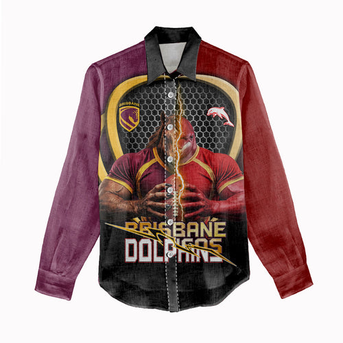 Personalized Brisbane Broncos vs Dolphins Fusion Women Casual Shirt Hybrid Mascot Lightning Graphic With Hexagon Honeycomb