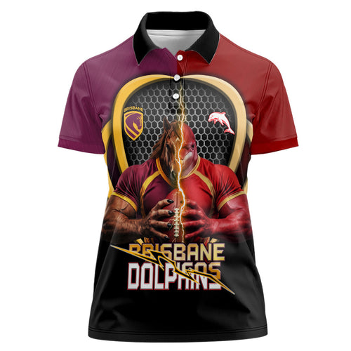 Personalized Brisbane Broncos vs Dolphins Fusion Women Polo Shirt Hybrid Mascot Lightning Graphic With Hexagon Honeycomb