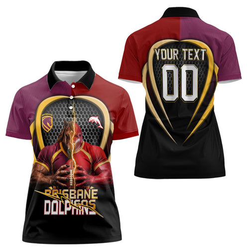 Personalized Brisbane Broncos vs Dolphins Fusion Women Polo Shirt Hybrid Mascot Lightning Graphic With Hexagon Honeycomb
