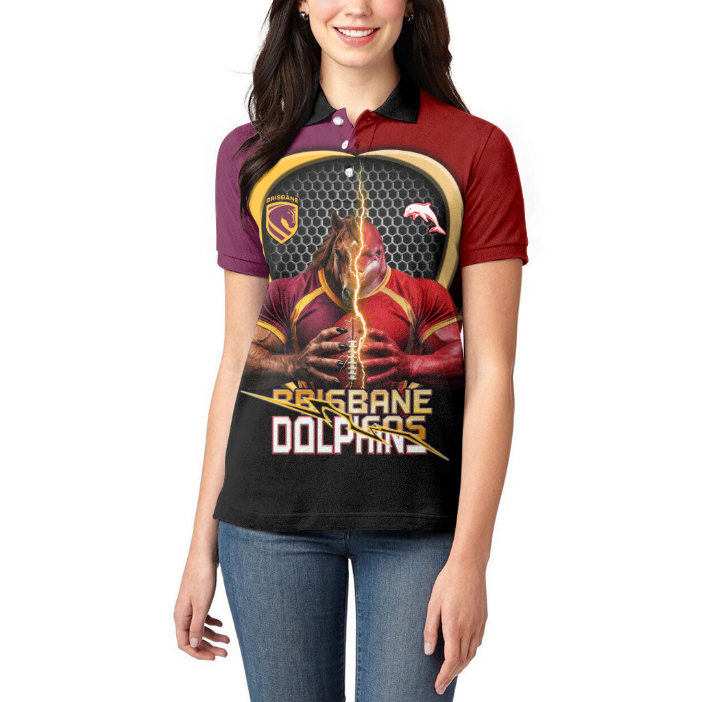 Personalized Brisbane Broncos vs Dolphins Fusion Women Polo Shirt Hybrid Mascot Lightning Graphic With Hexagon Honeycomb