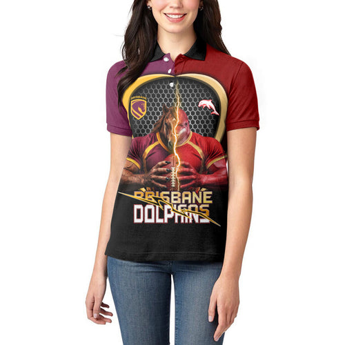 Personalized Brisbane Broncos vs Dolphins Fusion Women Polo Shirt Hybrid Mascot Lightning Graphic With Hexagon Honeycomb
