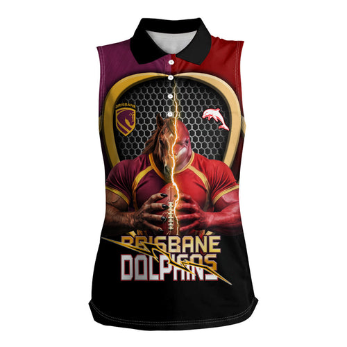 Personalized Brisbane Broncos vs Dolphins Fusion Women Sleeveless Polo Shirt Hybrid Mascot Lightning Graphic With Hexagon Honeycomb