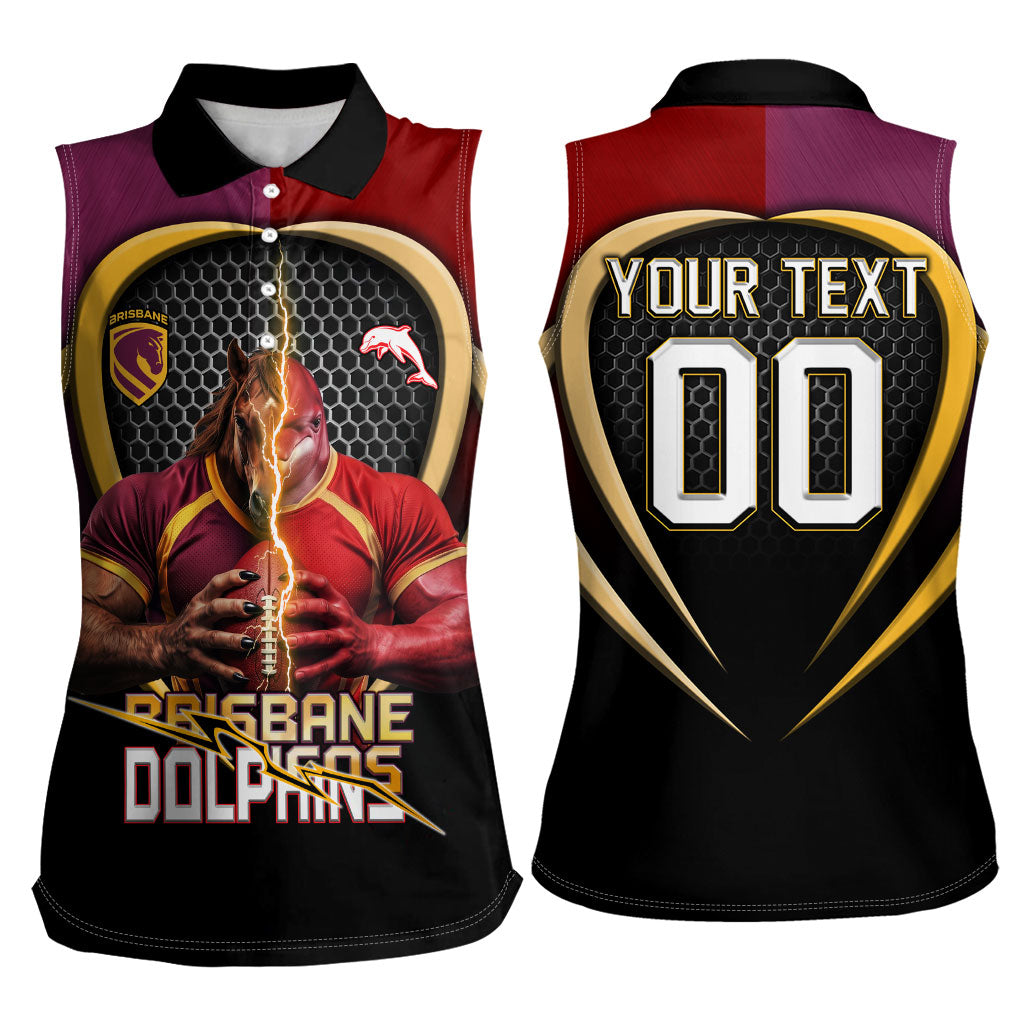 Personalized Brisbane Broncos vs Dolphins Fusion Women Sleeveless Polo Shirt Hybrid Mascot Lightning Graphic With Hexagon Honeycomb