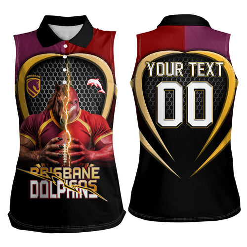 Personalized Brisbane Broncos vs Dolphins Fusion Women Sleeveless Polo Shirt Hybrid Mascot Lightning Graphic With Hexagon Honeycomb