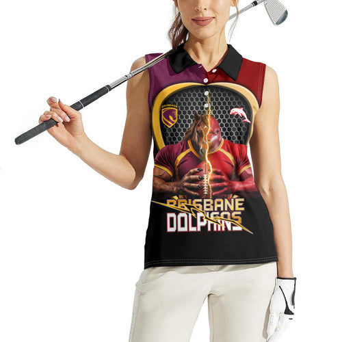 Personalized Brisbane Broncos vs Dolphins Fusion Women Sleeveless Polo Shirt Hybrid Mascot Lightning Graphic With Hexagon Honeycomb
