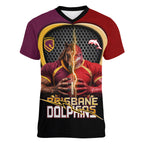 Personalized Brisbane Broncos vs Dolphins Fusion Women V-Neck T-Shirt Hybrid Mascot Lightning Graphic With Hexagon Honeycomb