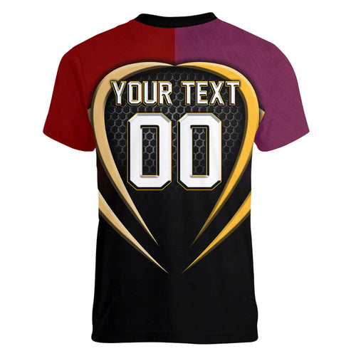 Personalized Brisbane Broncos vs Dolphins Fusion Women V-Neck T-Shirt Hybrid Mascot Lightning Graphic With Hexagon Honeycomb