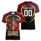 Personalized Brisbane Broncos vs Dolphins Fusion Women V-Neck T-Shirt Hybrid Mascot Lightning Graphic With Hexagon Honeycomb