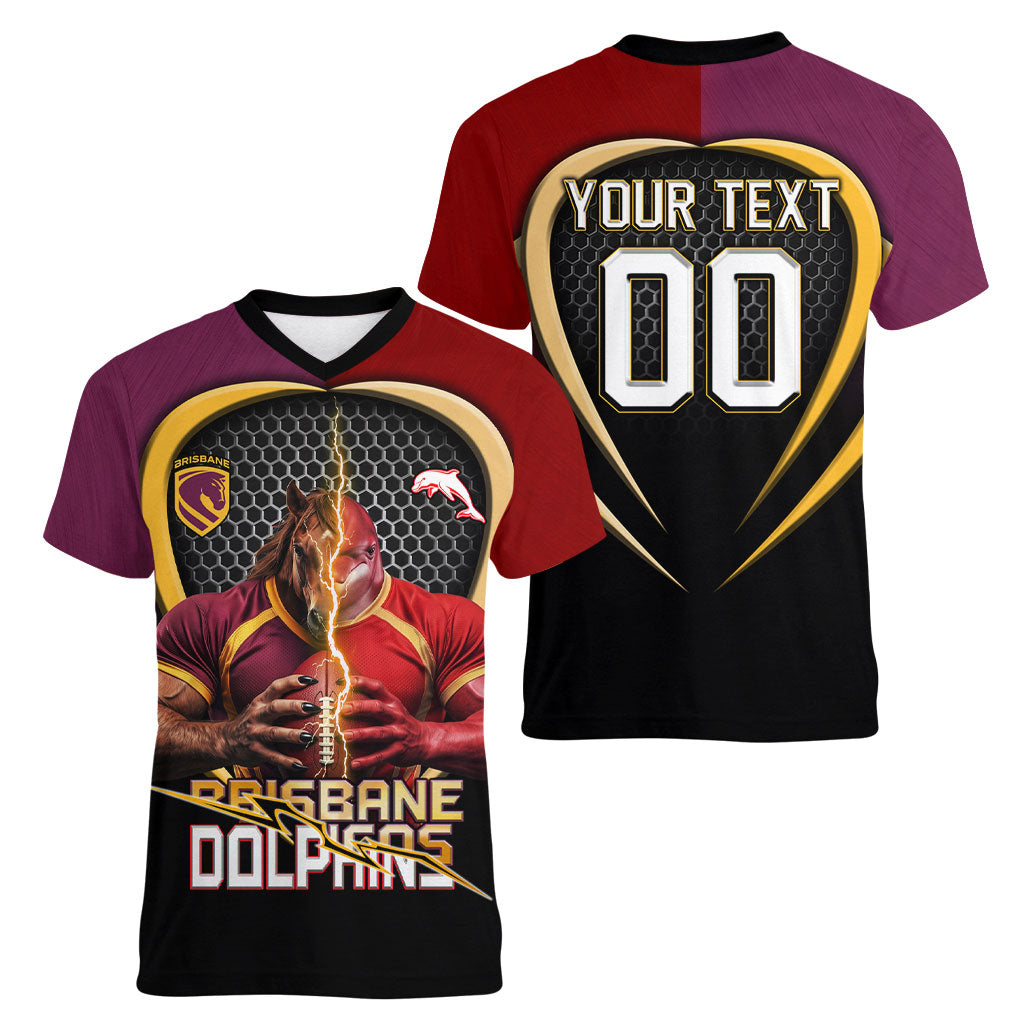 Personalized Brisbane Broncos vs Dolphins Fusion Women V-Neck T-Shirt Hybrid Mascot Lightning Graphic With Hexagon Honeycomb
