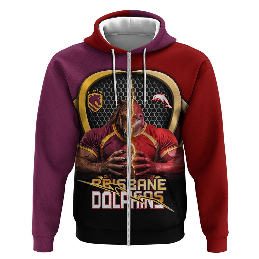 Personalized Brisbane Broncos vs Dolphins Fusion Zip Hoodie Hybrid Mascot Lightning Graphic With Hexagon Honeycomb