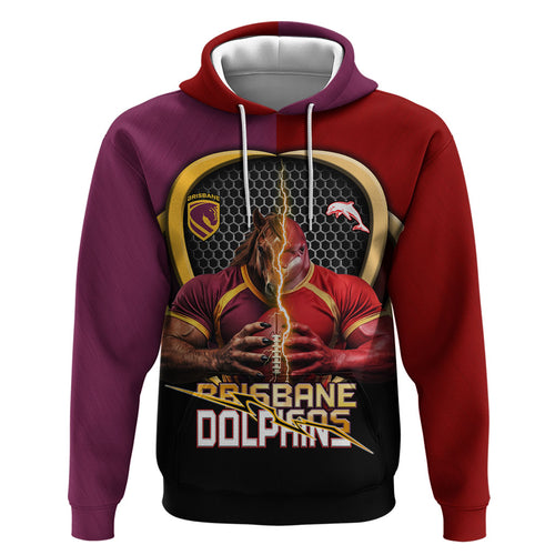 Personalized Brisbane Broncos vs Dolphins Fusion Zip Hoodie Hybrid Mascot Lightning Graphic With Hexagon Honeycomb