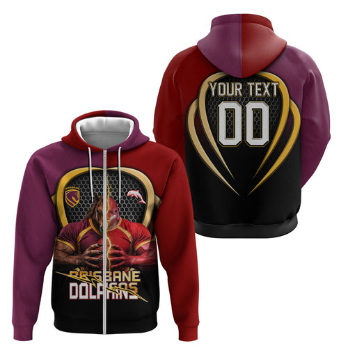 Personalized Brisbane Broncos vs Dolphins Fusion Zip Hoodie Hybrid Mascot Lightning Graphic With Hexagon Honeycomb