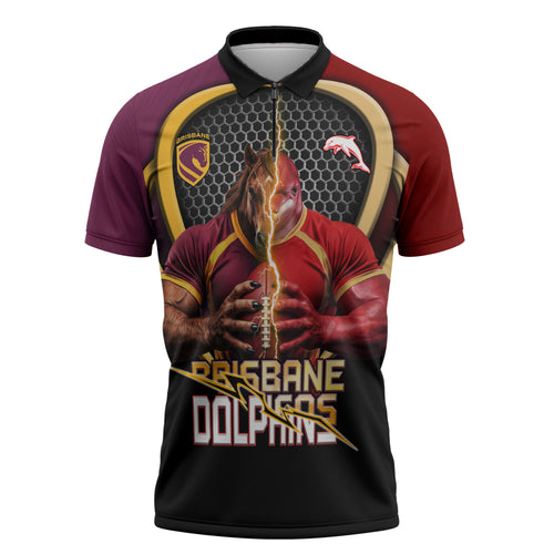 Personalized Brisbane Broncos vs Dolphins Fusion Zipper Polo Shirt Hybrid Mascot Lightning Graphic With Hexagon Honeycomb