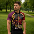 Personalized Brisbane Broncos vs Dolphins Fusion Zipper Polo Shirt Hybrid Mascot Lightning Graphic With Hexagon Honeycomb